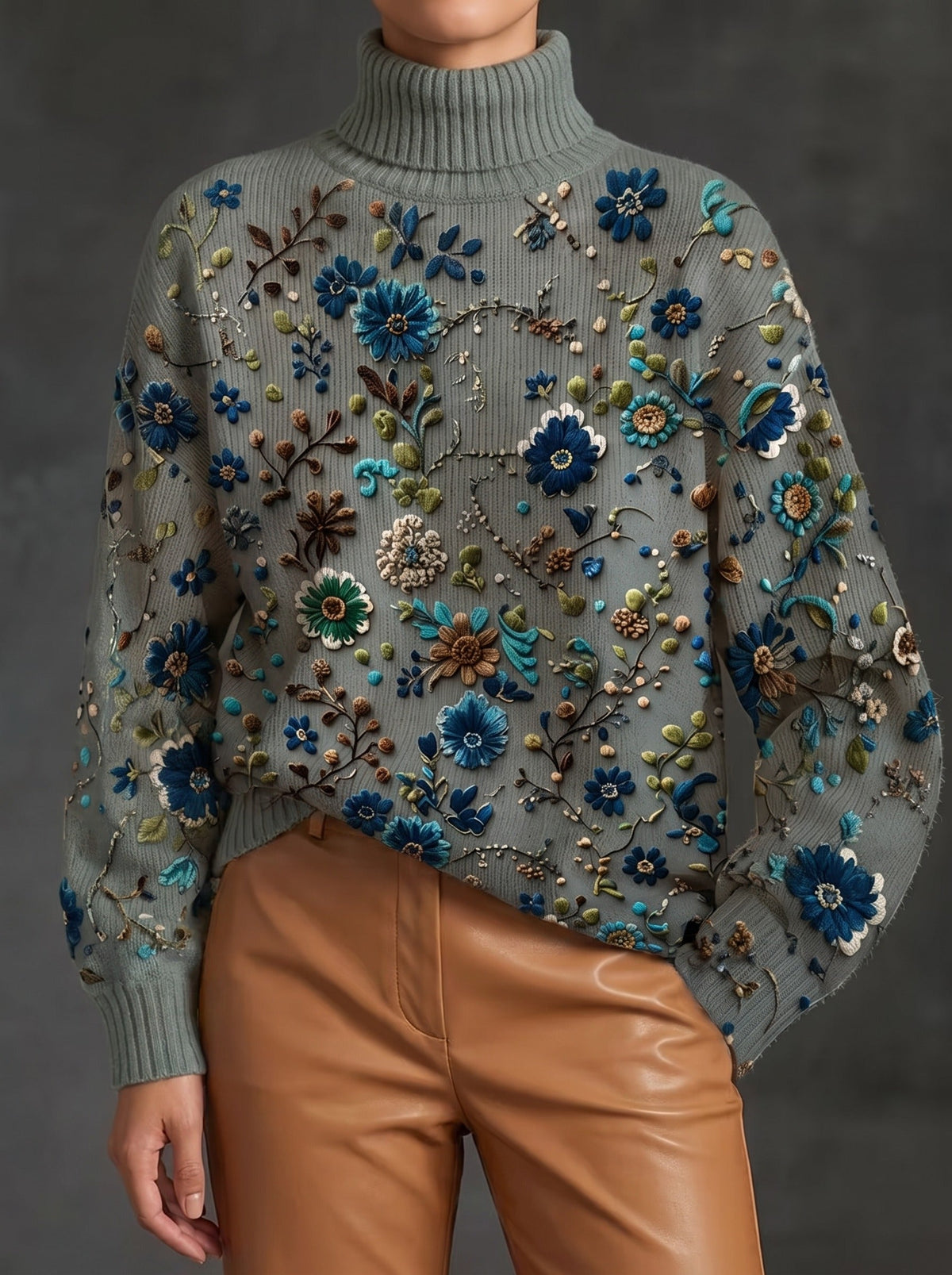 Triana | Jersey de Cuello Alto con Flores sobre Verde Salvia